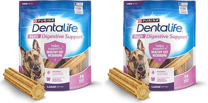 Dentalife Plus Digestive Support Dog Treats for Large Dogs 40 lbs. and up, Cleans Teeth, Freshens Breath, & Supports Healthy Gut, Chicken & Pumpkin Flavor, 22.6 oz., 19 Chews - 19 ct. Pouch