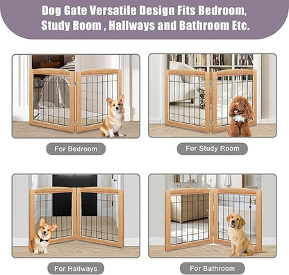 LZRS 2-Panel Freestanding Foldable Wood Dog Gate – Solid Wood & Steel Wire, Chew-Resistant Pet Barrier for Indoor Use, Ideal for Small to Medium Dogs, Natural