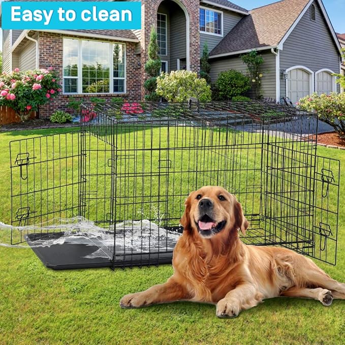 Dog Crate for Large Medium Small Dogs, Folding Dog Kennel Cage with Plastic Tray & Divider 48"/42"/ 36"/ 30"/ 24" Indoor Outdoor Metal Double Door Heavy Duty Dog Pen Enclosure, Black(36 Inch)