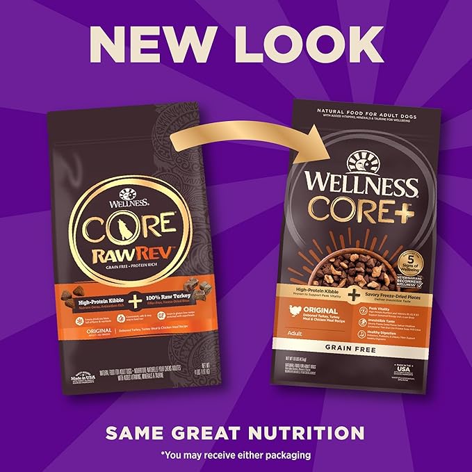 Wellness CORE+ Adult Dry Dog Food with Freeze Dried Pieces, Grain Free Kibble+, Natural, High Protein, Turkey and Chicken Recipe, 10 lb Bag