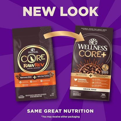 Wellness CORE+ Adult Dry Dog Food with Freeze Dried Pieces, Grain Free Kibble+, Natural, High Protein, Turkey and Chicken Recipe, 10 lb Bag