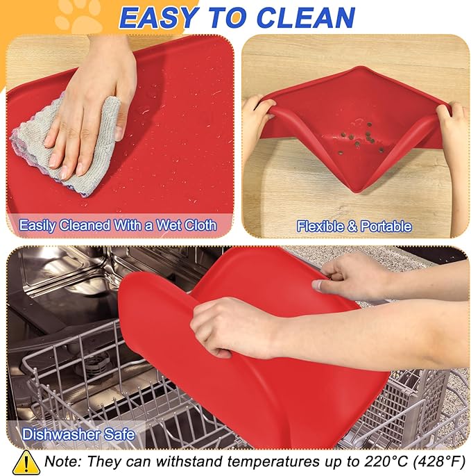 SMILOOL Silicone Pet Feeding Mat with Raised Edge for Food and Water, Dog Bowl Mats, Cat Bowls Placemat with High Lip for Floor Waterproof, Rubber Tray for Cats and Dogs 19 x 12 x0.7 Red