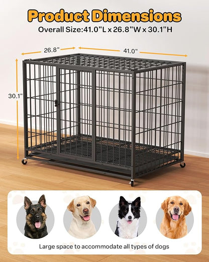 42 Inch Large Dog Crate, Escape Proof Dog Cage with Dual Door Lock and Swivel Casters,Removable Tray for Easy Cleaning, Dog Kennel Indoor Outdoor Use