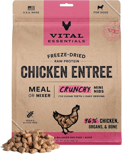 Vital Essentials Freeze Dried Dog Food, Raw Chicken Crunchy Mini Nibs | Complete Meal or Topper | 96% Chicken, Organs & Bone | High Protein, Limited Ingredient, Grain Free Dry Dog Food | 25 oz Bag