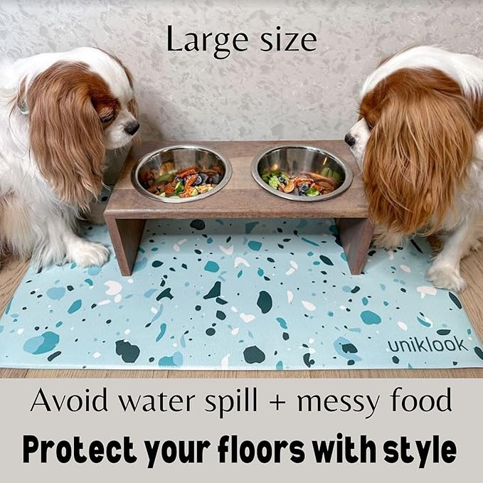 Large Pet Placemat Food & Water, Dog Cat Food Mat for Pet Bowls 28" X 16.5" Waterproof Easy to Clean Dog Mat for Bowl Food Water Terrazzo Blue Uniklook