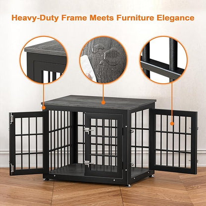 rehomerance 26 Inch Heavy Duty Dog Crate Furniture for Small Dogs, Decorative Pet House End Table, Wooden Cage Kennel Furniture Indoor, Gray