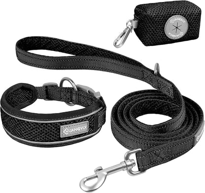 Reflective Dog Collar Leash Set, Adjustable Soft Dog Collar Leash with Poop Bag Holder Dispenser for Small Medium Large Dogs, Multiple Color Available, Black, Small