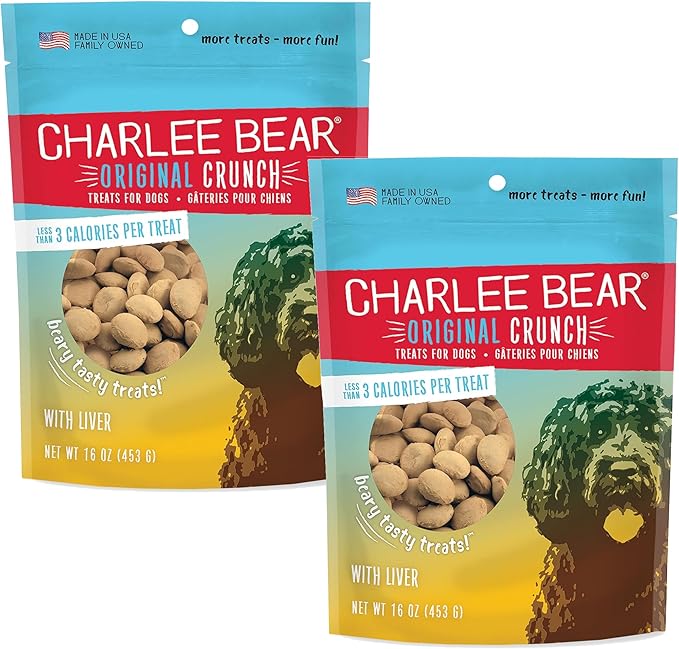 Charlee Bear Original Crunch Dog Training Treats, Liver Flavor, 3 Calories Each, Low Calorie Natural Rewards for Puppies to Adult Dogs, Made in USA, 16 oz (2-Pack)