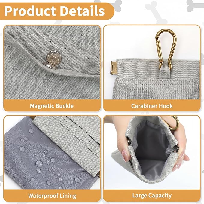 Dog Treat Pouch, Hand Free Dog Training Treat Bag with Carabiner & Magnetic Buckle, Auto Closing Dog Walking Bag for Puppy Travel or Outdoor Use, Pet Feed Snack Reward Pocket, Grey