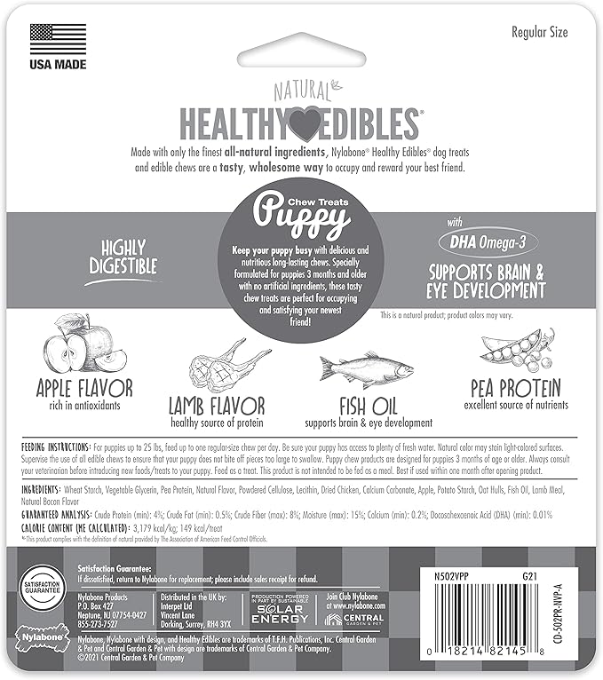 Nylabone Healthy Edibles Natural Puppy Chews Long Lasting Treats for Puppies, Lamb & Apple Flavor, Small/Regular (3 Count)