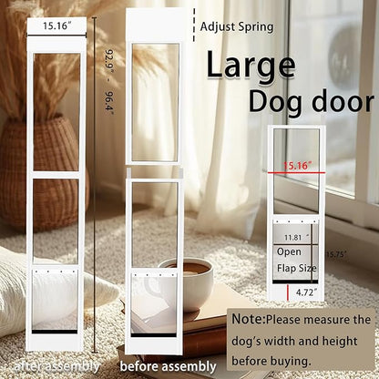Large Dog Door for Sliding Glass Doors, Adjustable Height 92.9"-96.4",Easy Installation,Magnetic Closing Curtain.