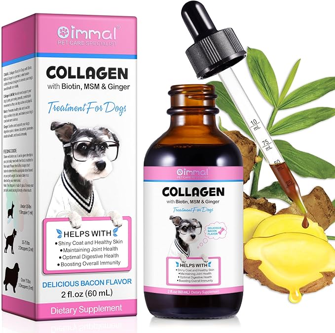 Collagen for Dogs, Dog Collagen Liquid Drops with Biotin, MSM & Ginger Digestive & Immunity Support, Itch Relief, Skin & Coat and Joint Health, Dog Supplement 60ml ﻿