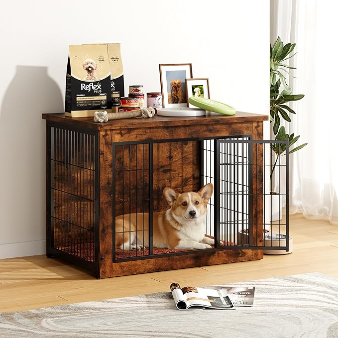 Greesum Modern Dog Crate Furniture That Doubles as a Side Table - Sturdy Wooden Kennel with Double Door Design, Equipped with Soft Cushion & Chew-Resistant Resign, Suitable for Dogs