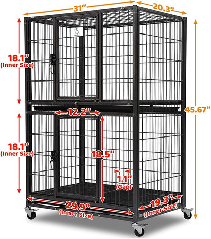 Homey Pet 31 Inch Two Tiers Heavy Duty Dog Crate Cage Kennel with Four Lockable Wheels, Removable Tray, Escape Proof Wire Drop Dog Crates for Small Dogs
