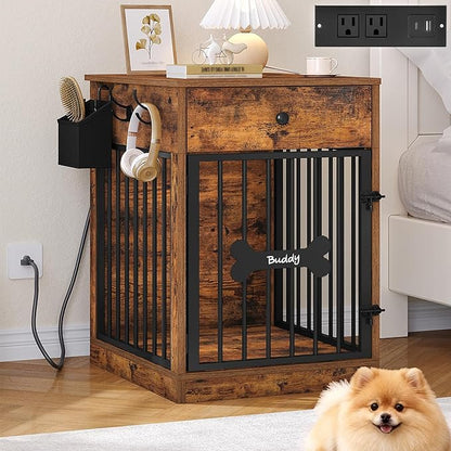 Hzuaneri 24.6'' Dog Crate Furniture with Charging Station, Dog Kennel Indoor with Flip-Top Storage, Wooden Pet Cage Dog House End Side Table for Small Dog Anti-Chew Anti-Escape, Rustic Brown DFC90101B