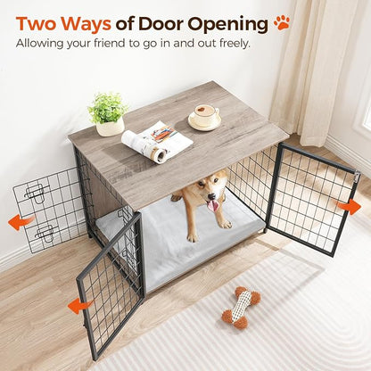 MAHANCRIS Dog Crate Furniture with Cushion, Wooden Dog Kennel with Double Doors, Heavy Duty Dog Cage for Small/Medium/Large Dogs, Indoor Dog House End Table, 31.5" L, Greige DCHG0701