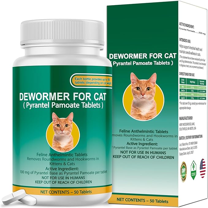 Cat & Kitten Dewormer for All Wormers, Pyrantel Pamoate, Roundworms & Hookworms, 50 Tablets