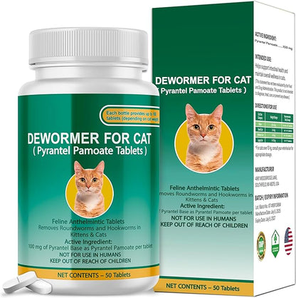 Cat & Kitten Dewormer for All Wormers, Pyrantel Pamoate, Roundworms & Hookworms, 50 Tablets