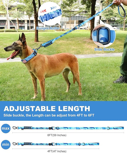 Hotsky Tactical Dog Leash Heavy Duty for Medium Large Dogs that Pull,4-6Ft Strong Bungee Shock Absorbing No Pull Dog Leash with Padded Double Handle and Car Seatbelt,Blue Camo