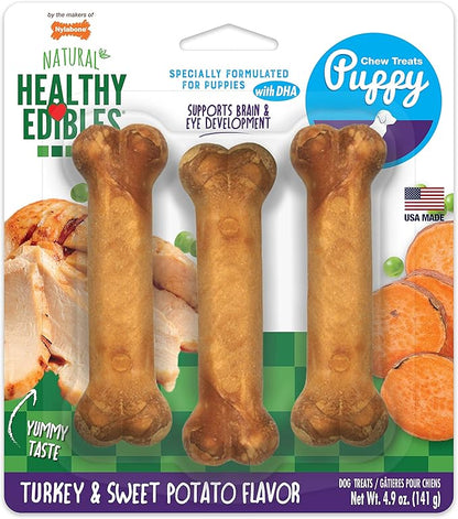 Nylabone Healthy Edibles Natural Puppy Chews Long Lasting Treats for Puppies, Turkey & Sweet Potato Flavor, Small/Regular (3 Count)