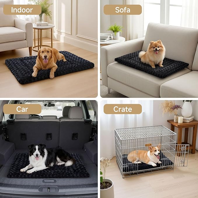 Washable Dog Bed Mat Soft Dog Crate Pad Fluffy Pet Kennel Beds Sleeping Mattress with Non-Slip Bottom for Large Jumbo Medium Small Dogs, 41 x 27 Inch, Black