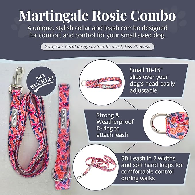 Lucky Love Dog Martingale Dog Collar & Leash - Adjustable, No-Slip, Durable, Comfortable, Soft Webbing, & Stylish Patterned Collar & Leash Set for Male and Female Dogs - Rosie Combo, Small