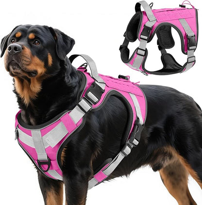 VavoPaw Heavy Duty Tactical Dog Harness for Large Dogs, No Pull Adjustable Pet Harness Reflective Service Training Easy Control Pet Vest Military K9 Working Dog Harnesses, Pink, XL