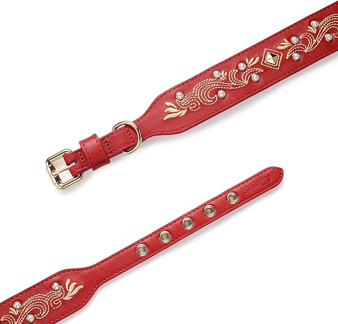Blueberry Pet Western Leather Dog Collar - Genuine Leather with Floral Embroidery & Pearl Studs Adjustable 12-15 Inch Neck for Small Dogs