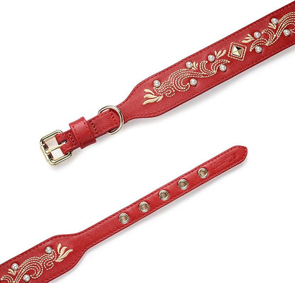 Blueberry Pet Western Leather Dog Collar - Genuine Leather with Floral Embroidery & Pearl Studs Adjustable 12-15 Inch Neck for Small Dogs