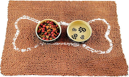 Soggy Doggy Slopmat Dog Food Mat – Absorbent Microfiber Chenille Pet Feeding Mat for Food & Water Bowls, Muddy Paws Small Doormat, Non-Slip, Machine Washable Rug – Caramel/Oatmeal Bone, 18” x 24”