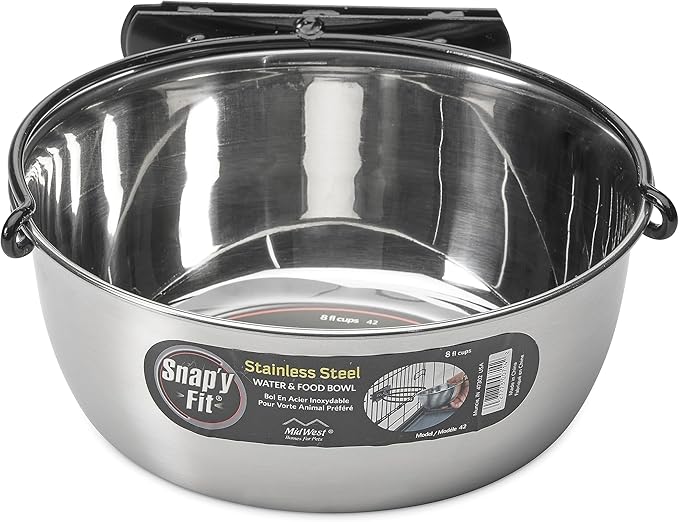 MidWest Homes for Pets Snap'y Fit Stainless Steel Food or Water Bowl, Holds 2 Quarts, Mounts to Wire Crates, No-Tip Design, Rust-Resistant, for Large Dogs and Cats