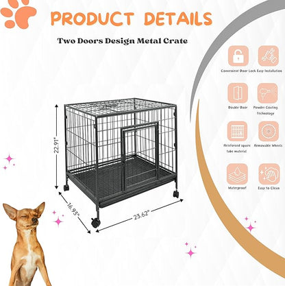 24" Heavy Duty Dog Crate, Escape Proof Double Door Dog Kennel with Removable Trays & Lockable Wheels, Stackable Dog Cage, Indestructible Metal Pet Crate Indoor for High Anxiety Small Dogs