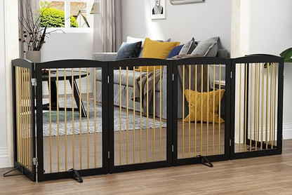 PUPETPO Freestanding Pet Gate for Dogs, Indoor Wooden Dog Gate for House, Extra Wide Foldable Dog Gate for Stair, Doorway, Hall, Support Feet Included, 120 Inch Wide, 6 Panels 32",Black&Gold