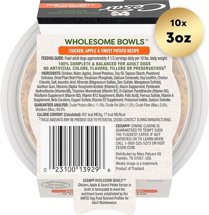 Cesar Wholesome Bowls Adult Wet Dog Food, Chicken, Apple & Sweet Potato Recipe, Wet Food for Dogs, 3 oz. Bowls, 10 Count