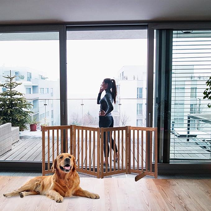 LZRS Freestanding Extra Wide Dog Gate 30 inch Tall - 4 Panels Solid Wooden Pet Gate for Doorways, Stairs, Hallways,Kitchens& Long Areas, Expandable & Foldable with Support Feet,Indoor Use,Oak