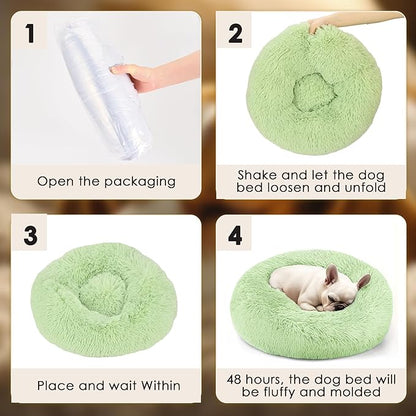 28in Large Dog Bed, Medium Size Dog and Cats, Calming Donut Bed for Puppy and Kitten, Washable Round Fluffy Pet Bed (Green)