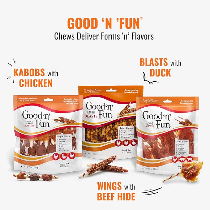 Good ‘n’ Fun Triple Flavor Kabobs Chews for All Dogs, 24 Ounces, Treat Your Dog to Long-Lasting Chews Made from Beef Hide, Real Chicken, Pork Hide, Duck and Chicken Liver