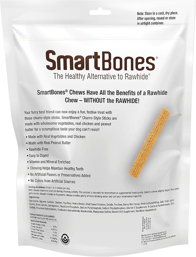 SmartBones Churro-Style Sticks 14 Count, Made with Real Peanut Butter, Rawhide-Free Chews for Dogs