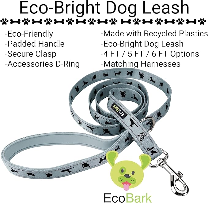 EcoBark Dog Leash - Soft & Reflective Comfort Leash with Padded Handle - Safe, Strong, & Durable for Small, Medium or Large Dogs (Gray)