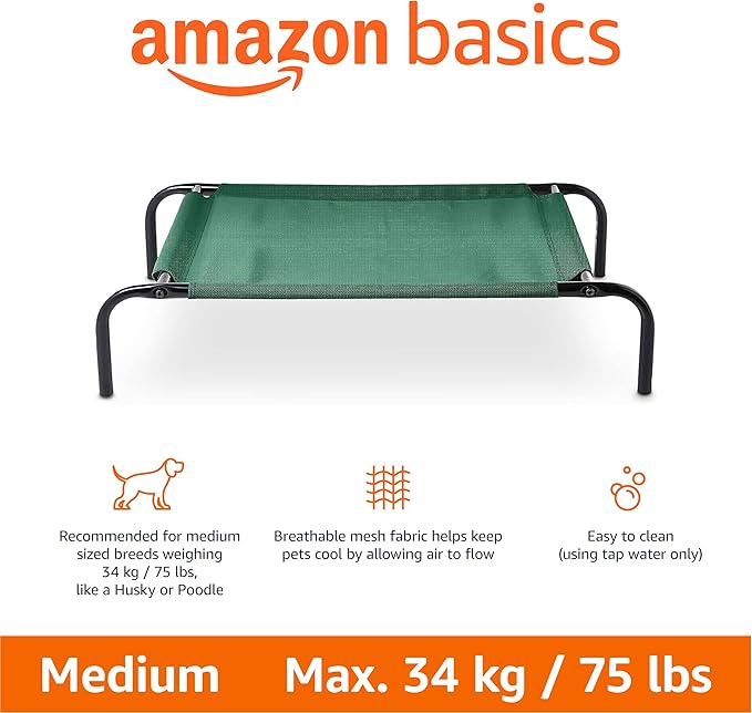 Amazon Basics Cooling Breathable Elevated Dog Bed with Metal Frame for Medium Dogs, 43" x 26" x 7.5", Green