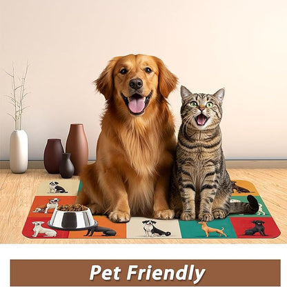 Cute Dog Cat Food Mat,Absorbent Pet Feeding Mat for Food and Water,Non-Slip Dog Bowl Mats Floor Protector 16"x24"
