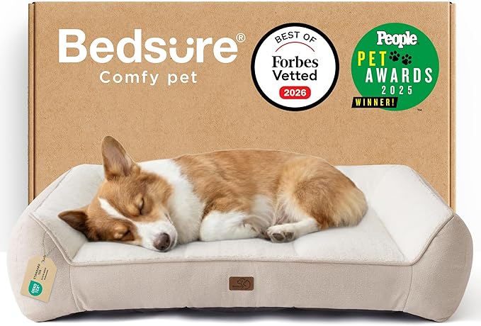 Bedsure SupportMax™ Orthopedic Dog Bed Medium Size Dog - As Seen on TV Extra Thick Supportive Medium Dogs Beds with Waterproof Washable Cover, Comfort Pet Bed Sofa with Soft Sherpa, Beige, 35"