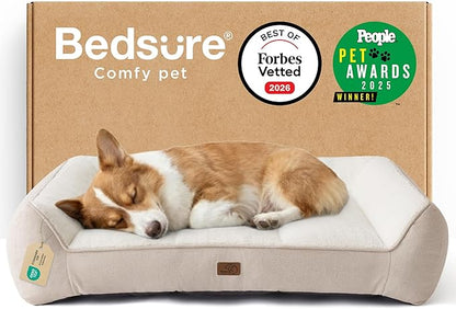 Bedsure SupportMax™ Orthopedic Dog Bed Medium Size Dog - As Seen on TV Extra Thick Supportive Medium Dogs Beds with Waterproof Washable Cover, Comfort Pet Bed Sofa with Soft Sherpa, Beige, 35"