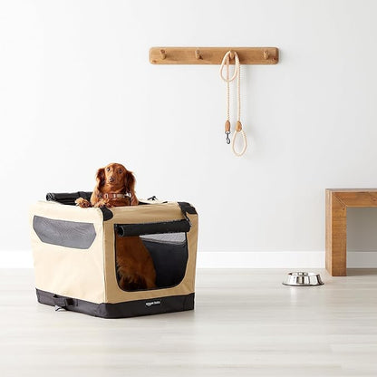 Amazon Basics Portable Folding Soft Dog Crate, 2-Door, Collapsible Travel Kennel, Top & Front Loading, Small 26" x 18" x 18", Tan