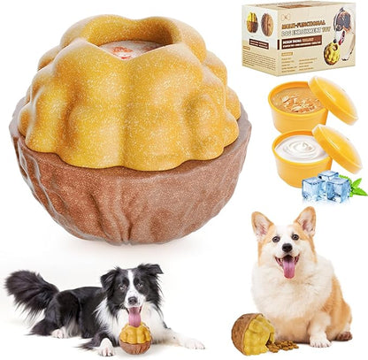 Dog Frozen Treats Toy, Cognitive Dogs Brain Stimulation Puzzle Toys for Aggressive Chewers, Interactive Dispensing Toy Enrichment Keep Them Busy No-Boredom, Tough Nylon&Coffe Wood Fillable Dog Feeder