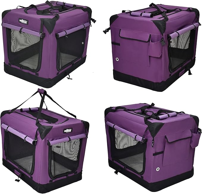 EliteField 4-Door Folding Soft Dog Crate with Curtains, Carrying Bag and Fleece Bed (2 Year Warranty), Indoor & Outdoor Pet Home (20" L x 14" W x 14" H, Purple+4 Door Curtains)