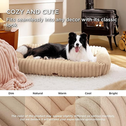 Bedsure ComfyFleece™ Washable Dog Bed for Medium Dogs - Cute Furry Puppy Beds, Rectangle Orthopedic Corduroy Fleece Pet Beds with Removable Zipper Cover, 43x30x8inches, Sandy Beige
