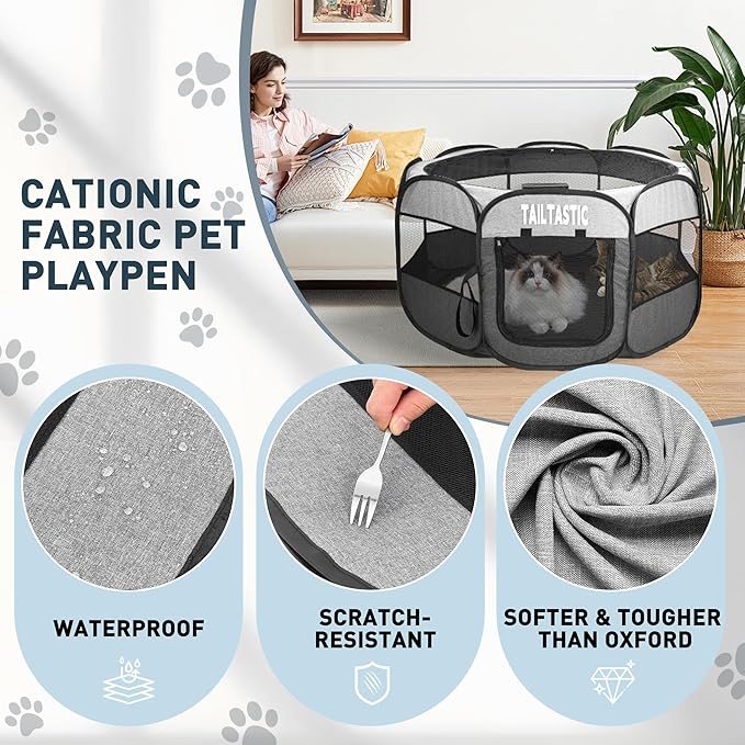 Portable Pet Playpen for Medium Dogs & Cats, Foldable Puppy Safety Pen with Removable Zipper Top, Breathable Mesh Dog Delivery Room, Indoor Isolation Cage for Pets (Light Grey, Medium)