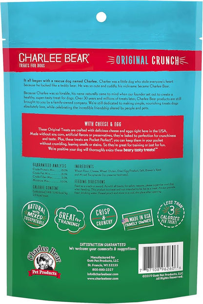 Charlee Bear Original Crunch Dog Treats, Cheese and Egg, 6 Ounce Resealable Bag, Low Calorie Training Treats for Dogs, Limited Ingredient, Healthy, Crunchy Dog Snacks, Made in USA