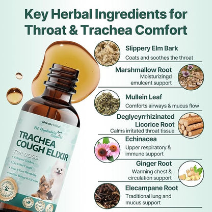 Collapsed Trachea Treatment for Dogs, Trachea Cough Elixir, Dog Cough Treatment –Natural Herbs Respiratory Support, Promotes Throat Comfort and Breathe Smoothly for Honking Cough, Gagging and Wheezing
